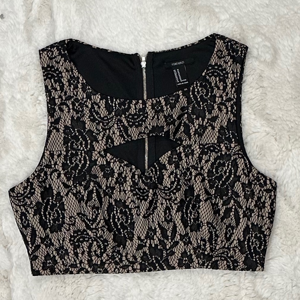 Forever 21 Women's SEXY Medium Floral Lace Zip Up FITTED HALF TOP Sleeveless